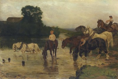 Bañando caballos después del trabajo, 1884 de William Frank Calderon